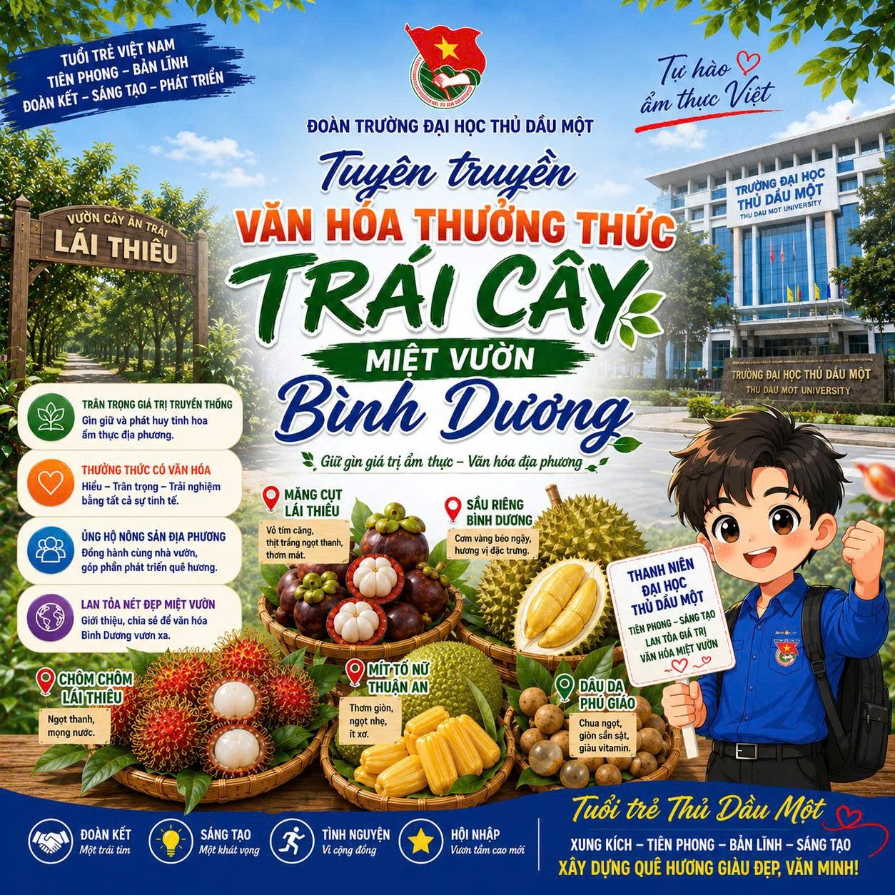 TUỔI TRẺ TDMU LAN TỎA VĂN HÓA THƯỞNG THỨC TRÁI CÂY MIỆT VƯỜN BÌNH DƯƠNG